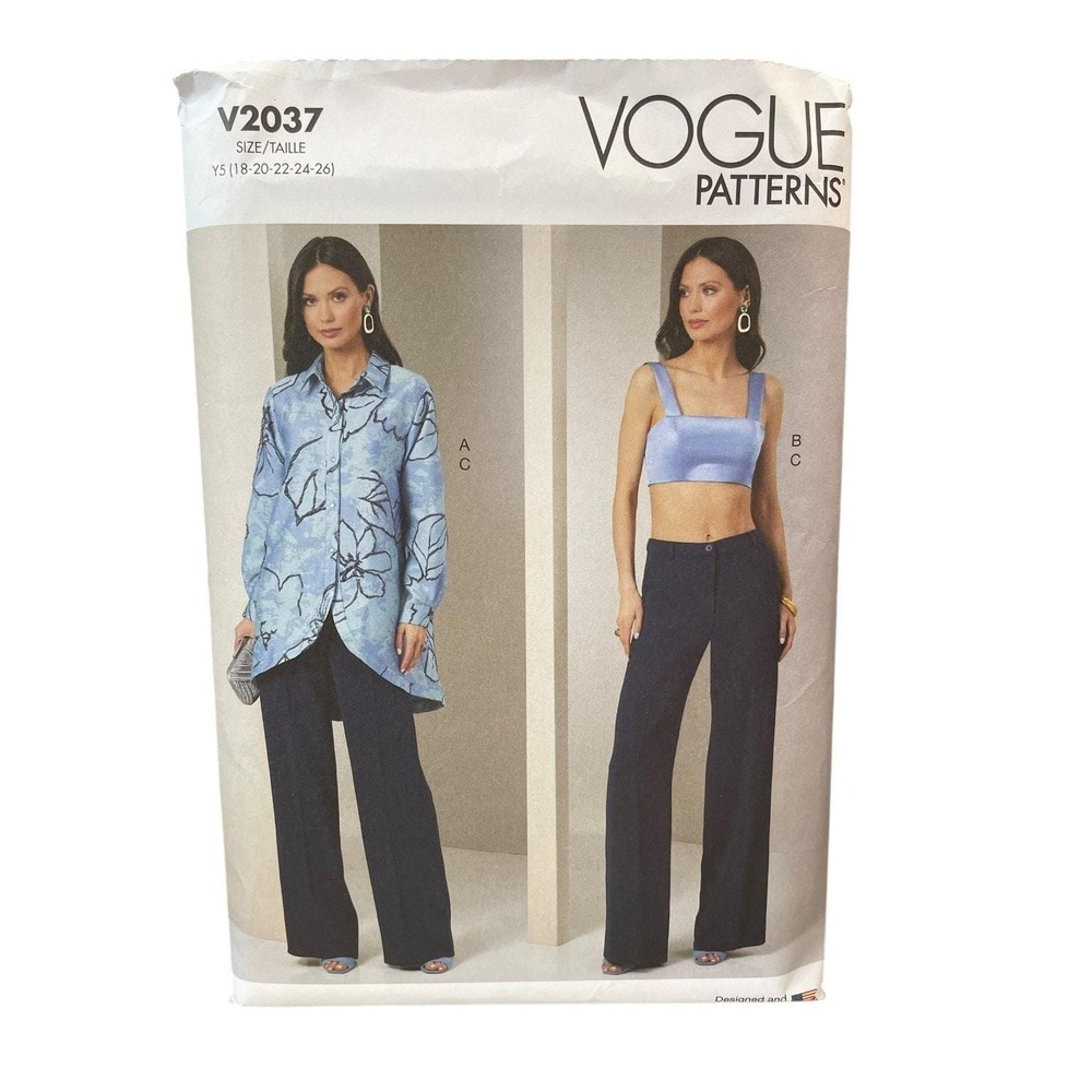 Vogue Sewing Pattern Misses 18-26 V2037 Shirt Crop Top Pants Wide Leg Uncut